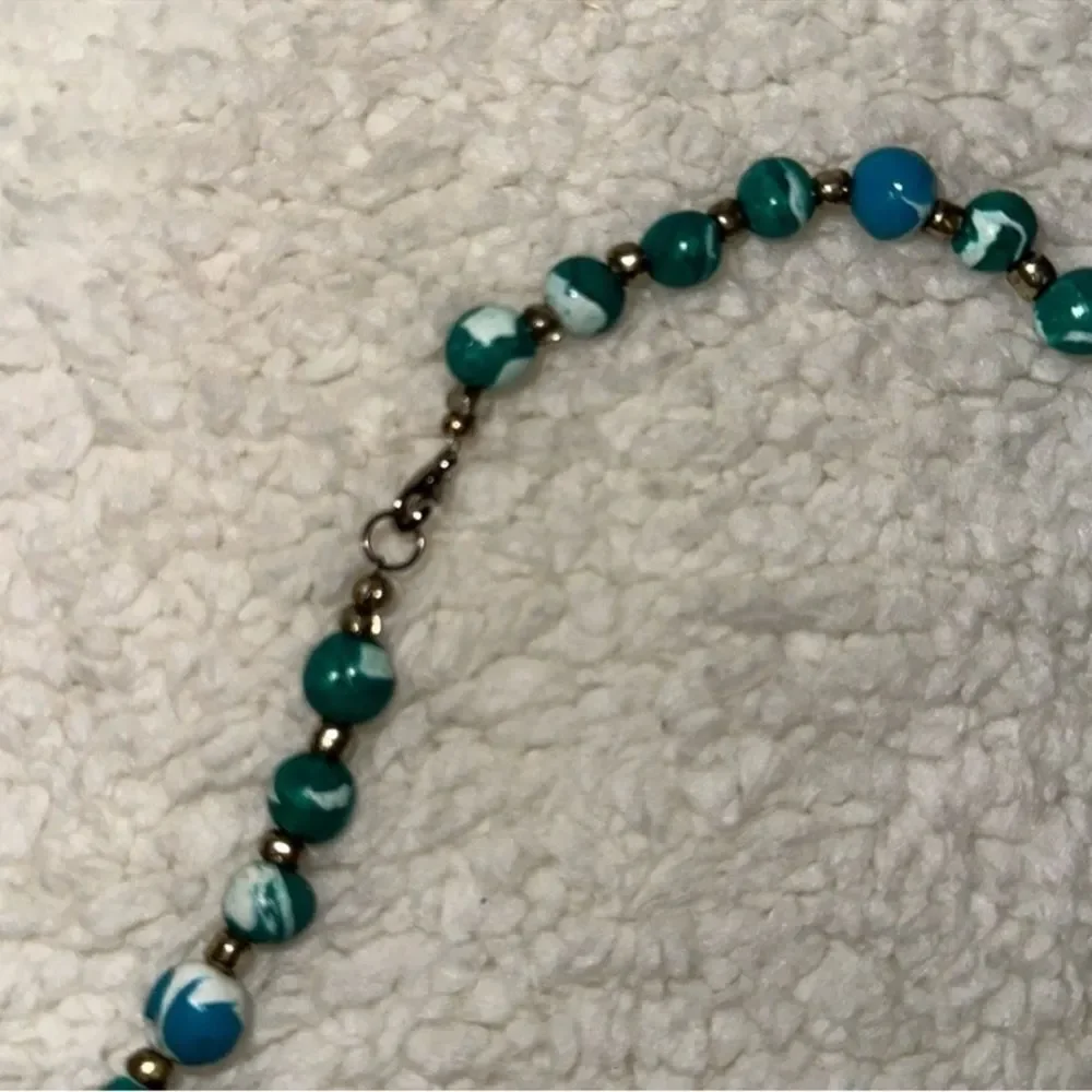 BLUE GREEN GOLD MARBLE TONES WOODEN NECKLACE